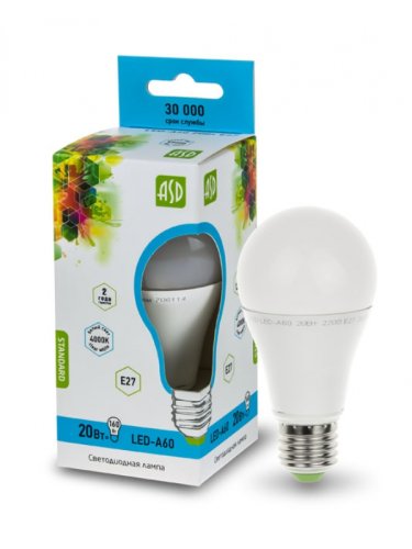 Лампа светодиодная ASD Standart A60 Груша E27 220В 20Вт 1800Лм 4000К 65х120мм фото Лампа светодиодная ASD Standart A60 Груша E27 220В 20Вт 1800Лм 4000К 65х120мм картинка